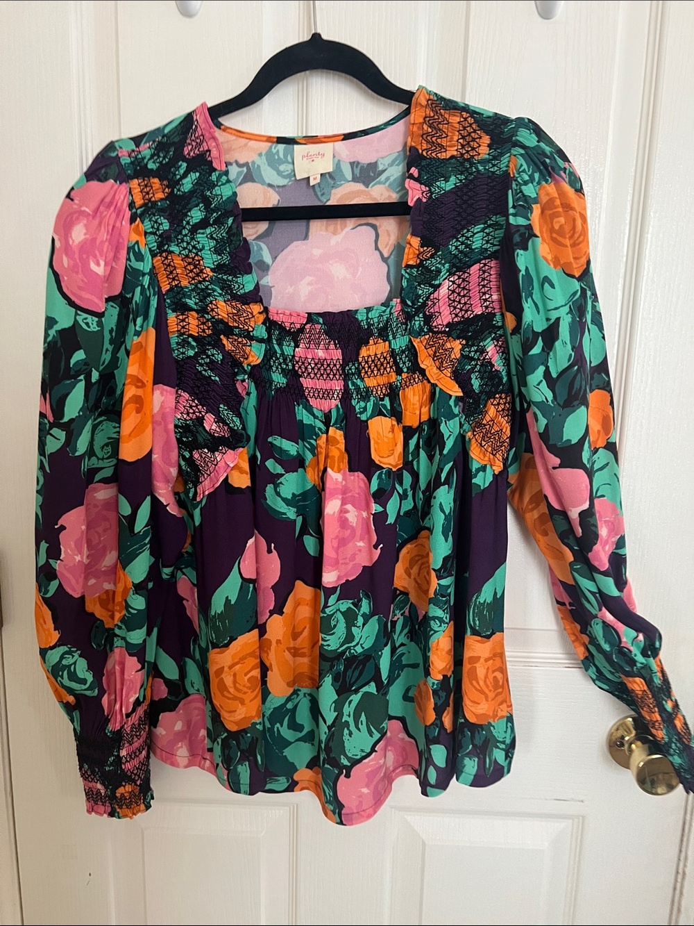 Anthropologie Floral Smocked Square-Neck Blouse in Purple, Pink & Orange